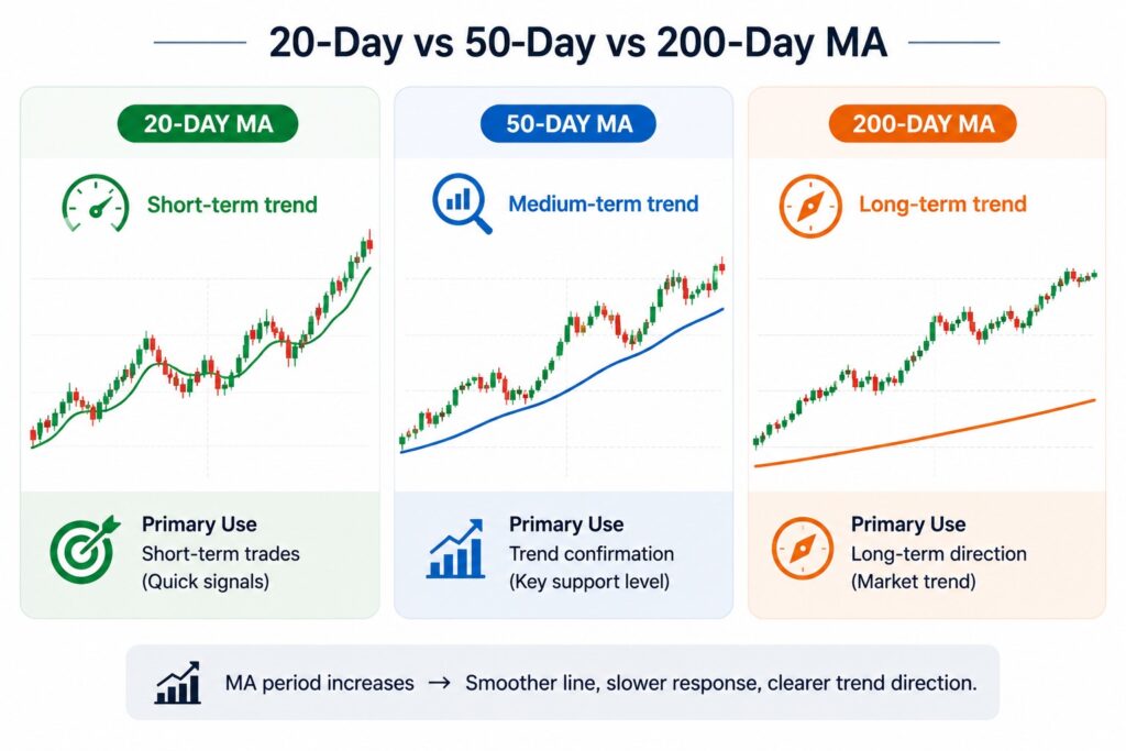 Moving averages in stocks comparison of 20-day, 50-day, and 200-day moving averages