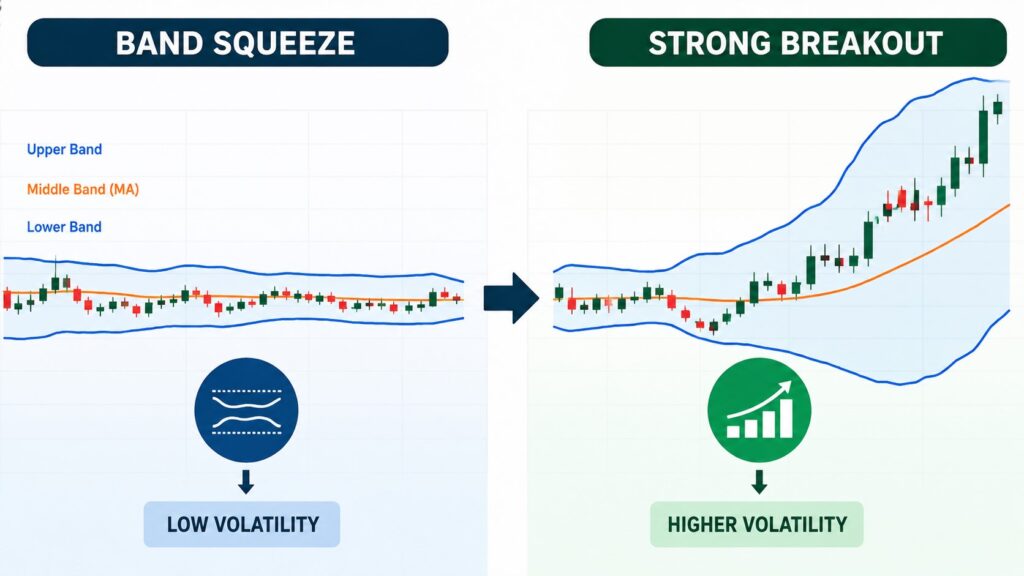Example of a Bollinger Band squeeze before a breakout