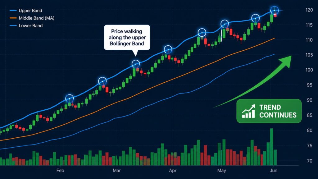 Price walking along the upper Bollinger Band during a strong trend