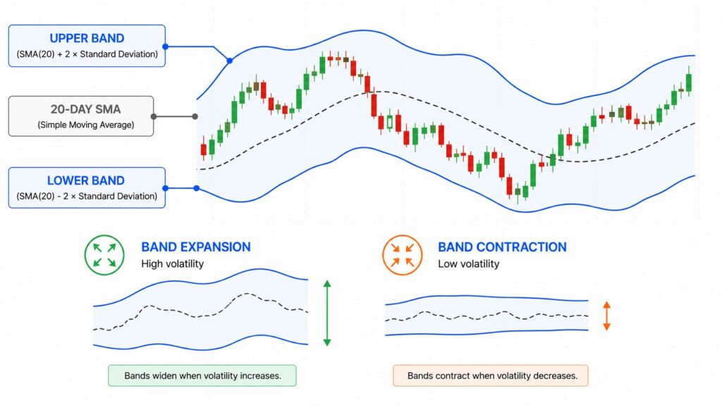 Structure of Bollinger Bands with upper band, middle SMA, and lower band