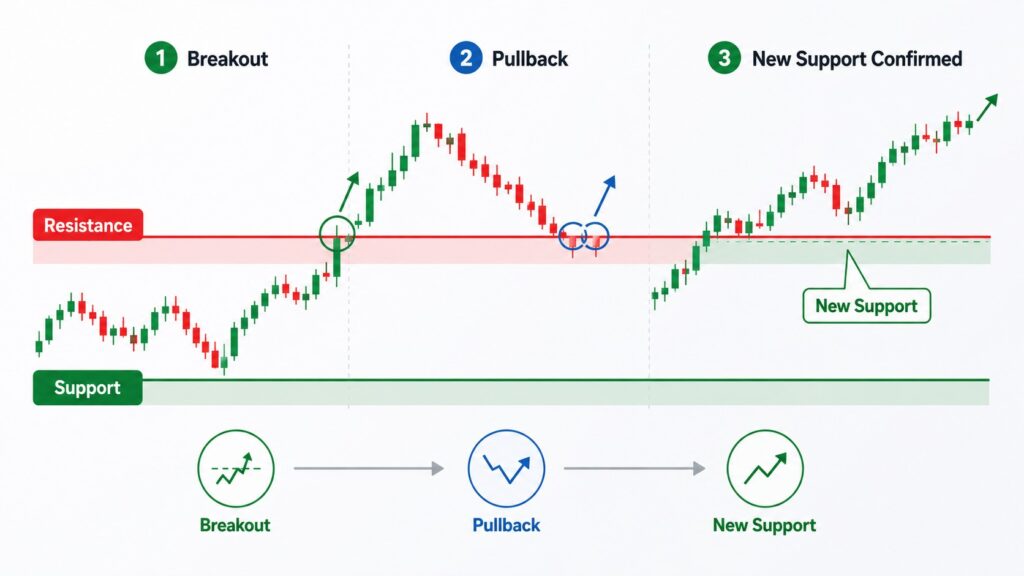 Breakout and pullback example using support and resistance in stock charts