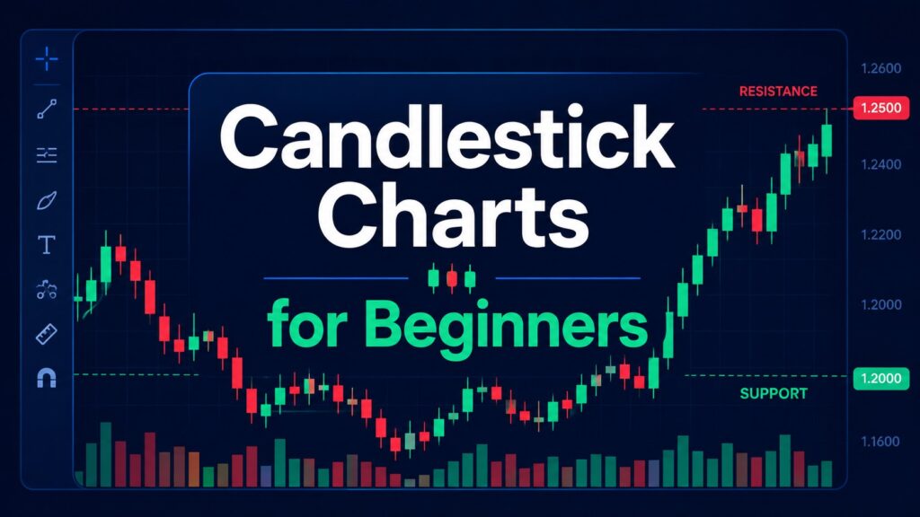 candlestick charts for beginners showing price action support resistance and volume