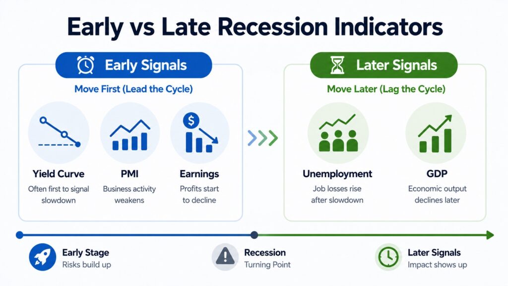Early versus late recession indicators showing yield curve PMI earnings unemployment and GDP