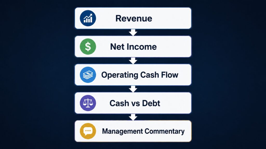 Financial statement review routine showing revenue net income operating cash flow cash debt and management commentary