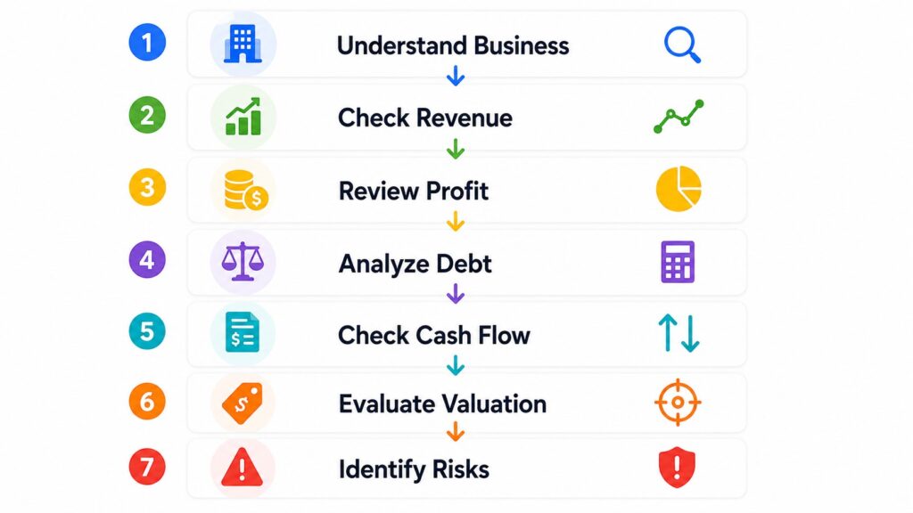 Fundamental analysis stock evaluation routine showing business revenue profit debt cash flow valuation and risk review
