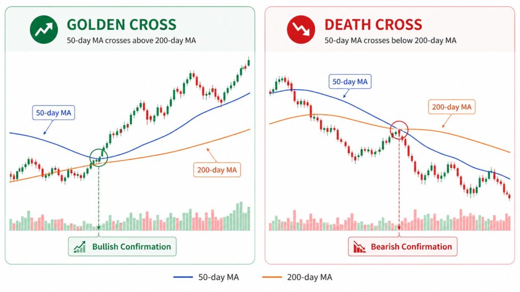 Moving averages in stocks showing Golden Cross and Death Cross signals