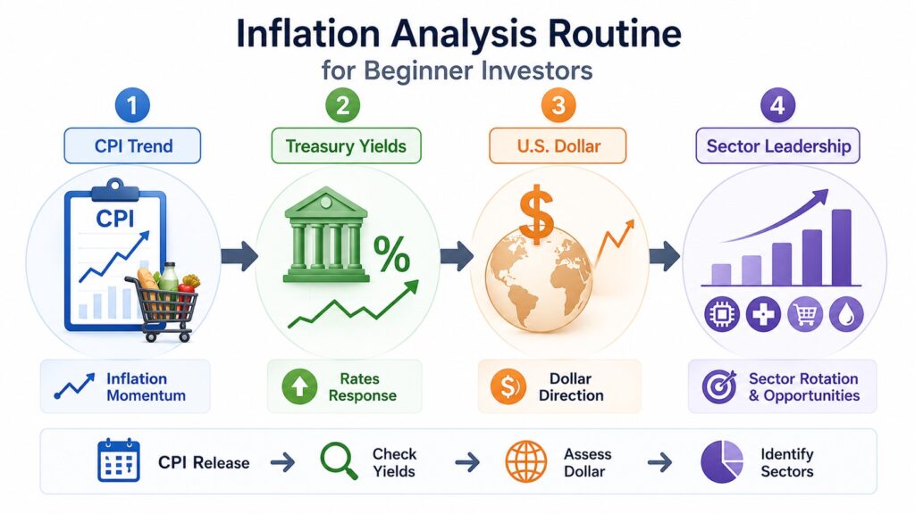 Inflation analysis routine for beginner investors showing CPI trend, Treasury yields, U.S. dollar, and sector leadership