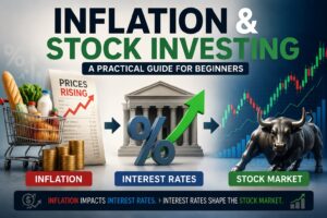 Inflation and stock investing guide showing how inflation affects interest rates, stock market trends, and beginner investor decisions