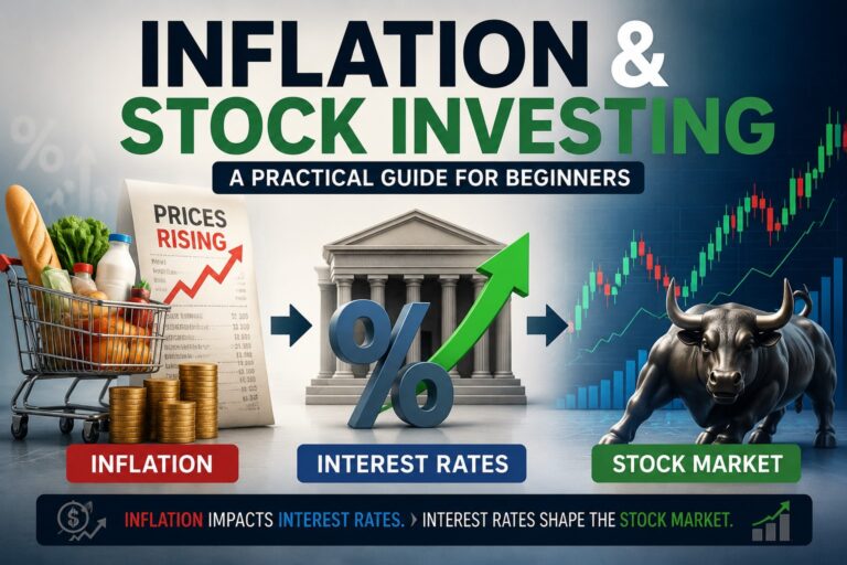 Inflation and stock investing guide showing how inflation affects interest rates, stock market trends, and beginner investor decisions