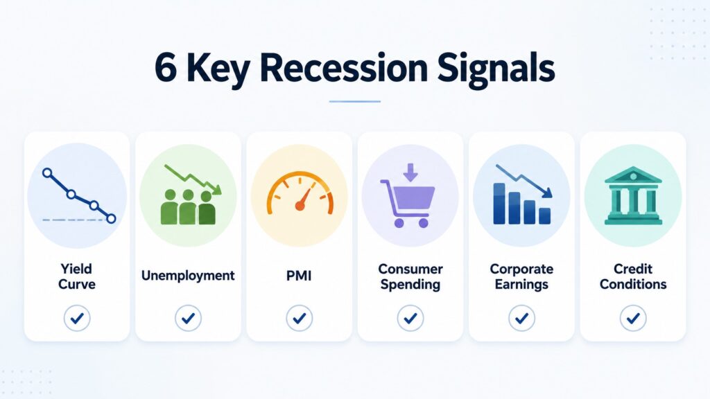 Key recession signals checklist including yield curve unemployment PMI consumer spending earnings and credit conditions