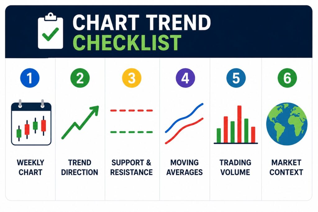 Stock chart trend analysis checklist for beginners showing weekly charts support resistance moving averages volume and market context