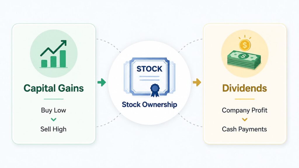 How investors make money from stocks through capital gains and dividends