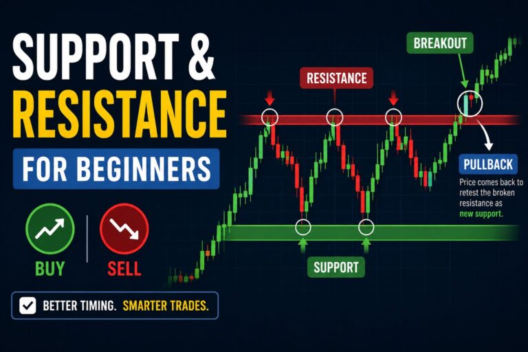 Support and Resistance in Stock Charts beginner guide showing breakout pullback support and resistance levels