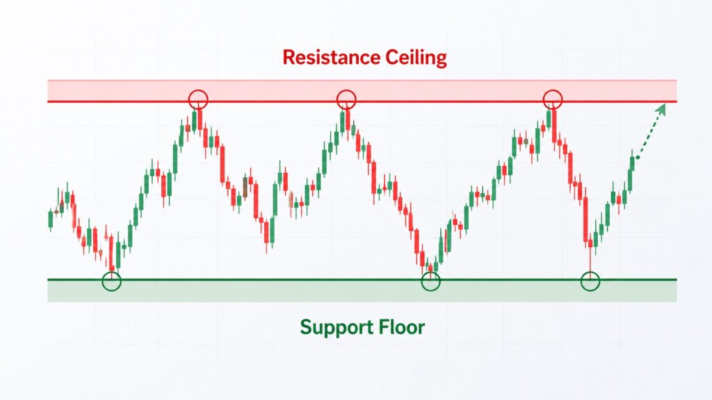 Support and Resistance in Stock Charts example showing support floor and resistance ceiling
