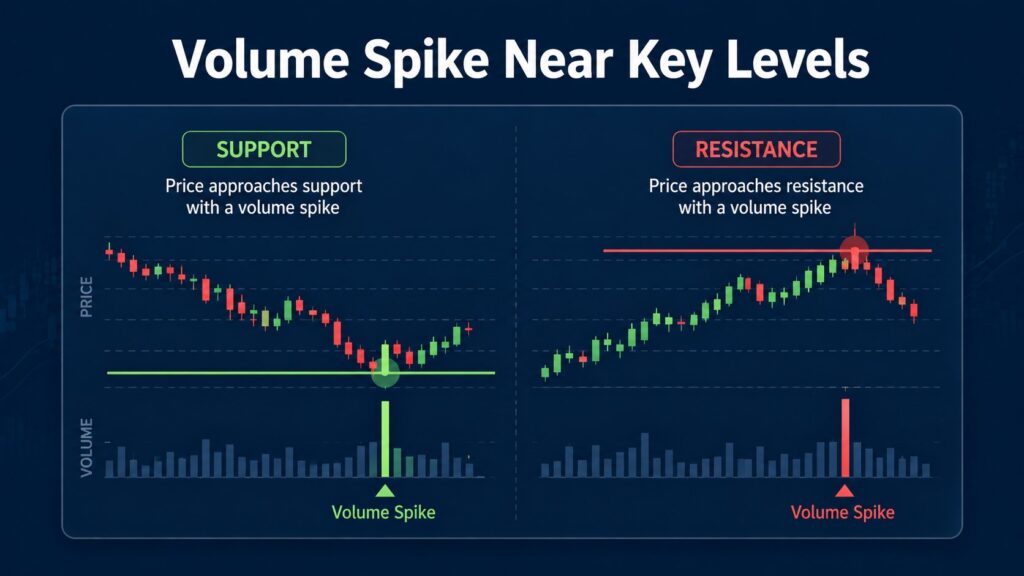 Volume spike near support and resistance on a stock chart