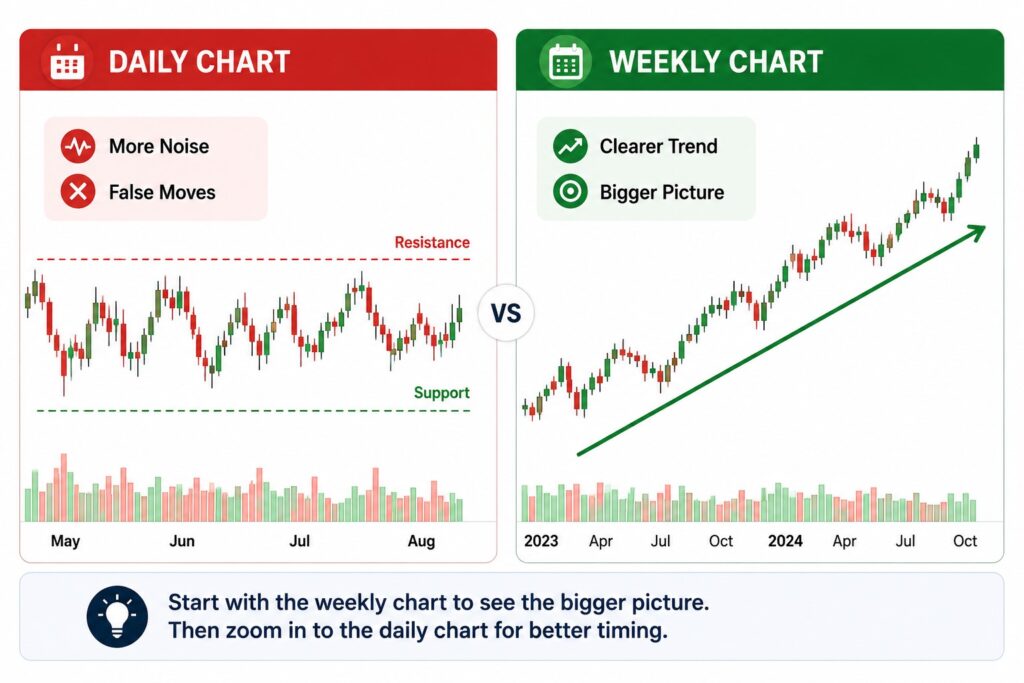 Weekly and daily stock chart comparison showing why beginners should start with higher time frames