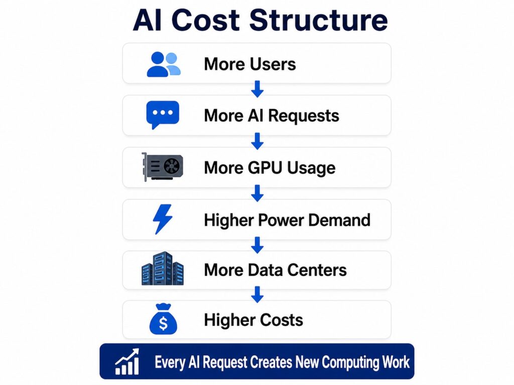 AI cost structure showing how more users increase inference, GPU usage, power demand, and infrastructure costs