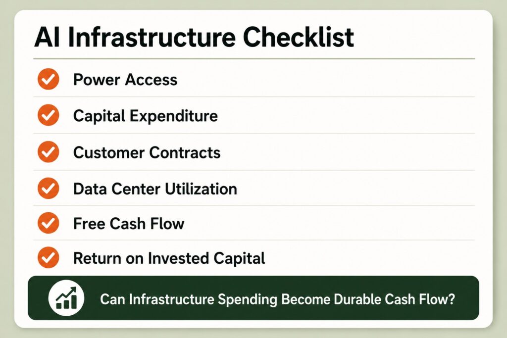 AI infrastructure investor checklist covering power access, capital expenditure, utilization, free cash flow, and return on capital