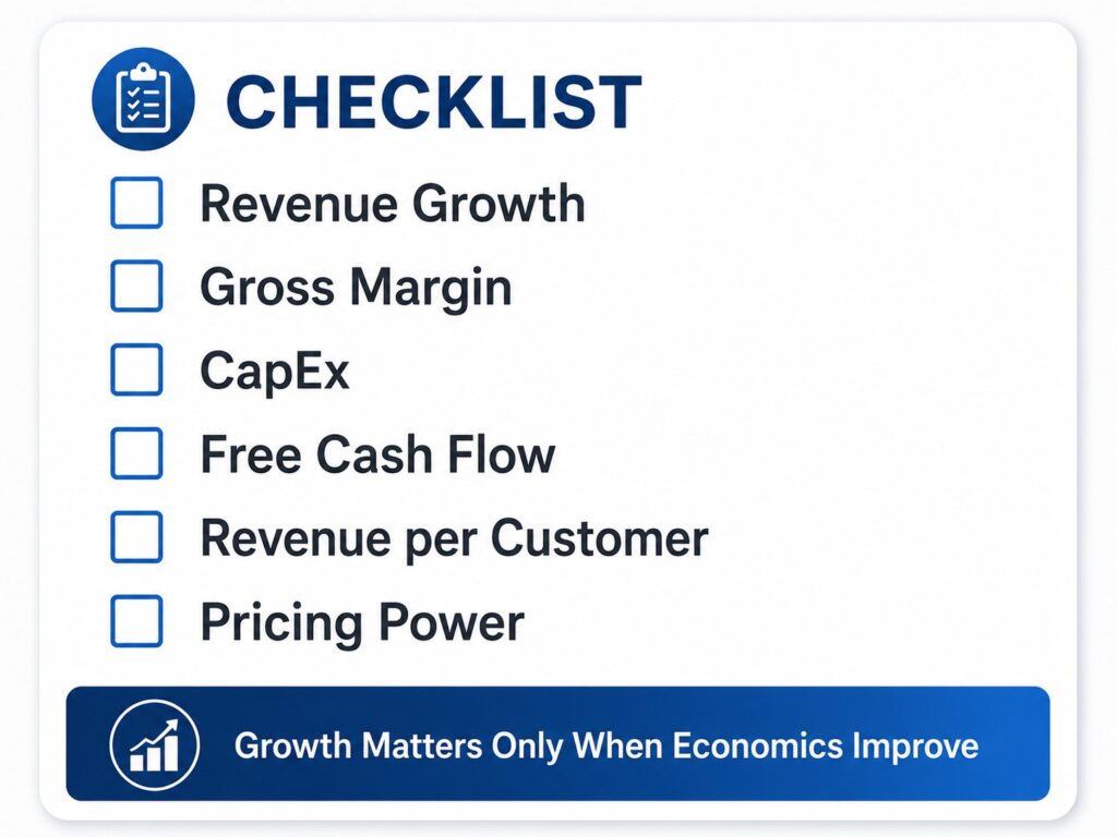 AI investor checklist covering revenue growth, gross margin, CapEx, free cash flow, revenue per customer, and pricing power