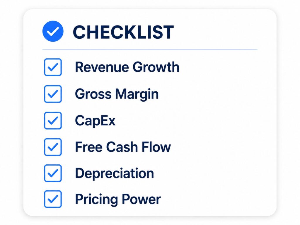 AI business checklist covering revenue growth, gross margin, free cash flow after CapEx, depreciation, pricing power, and new AI revenue