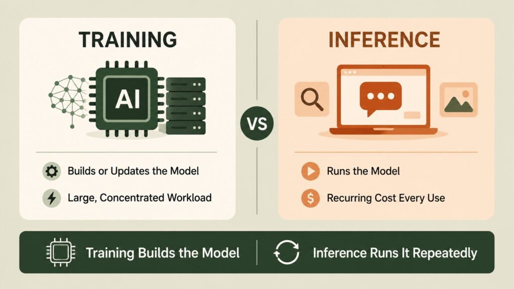 AI training and inference power demand comparison showing concentrated training and recurring inference workloads