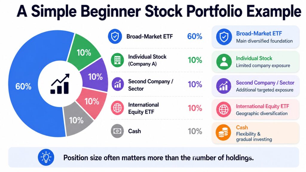 Example allocation to build your first stock portfolio with a broad-market ETF, individual stocks, international equity, and cash