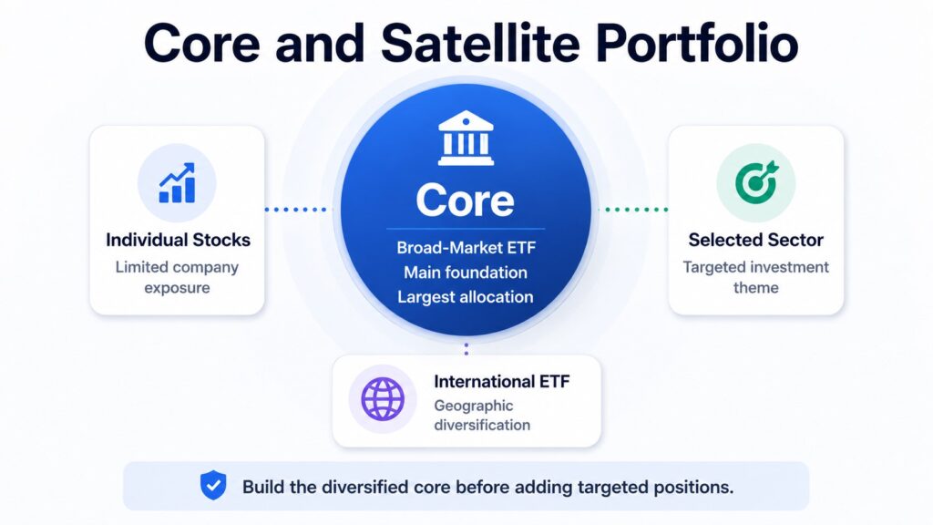 Core and satellite stock portfolio with a broad-market ETF at the center and smaller targeted investments around it