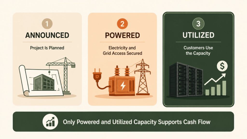 Data center project stages from announced to powered and utilized capacity