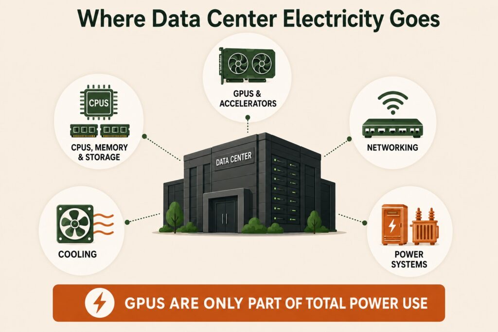 Data center electricity use across GPUs, servers, networking, cooling, and power systems