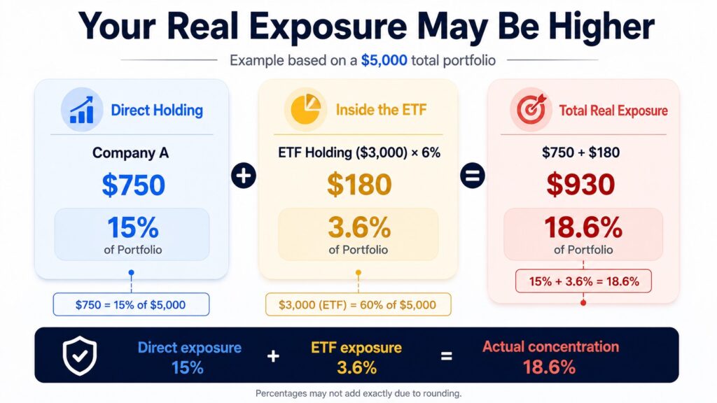 ETF overlap example showing direct and indirect exposure to one company increasing from 15 percent to 18.6 percent