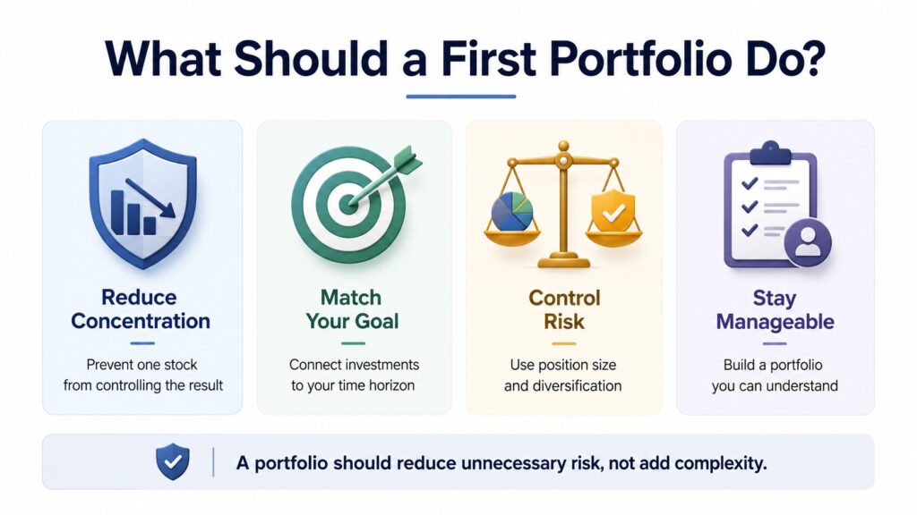 Four purposes of a beginner stock portfolio including diversification, goal alignment, risk control, and simplicity
