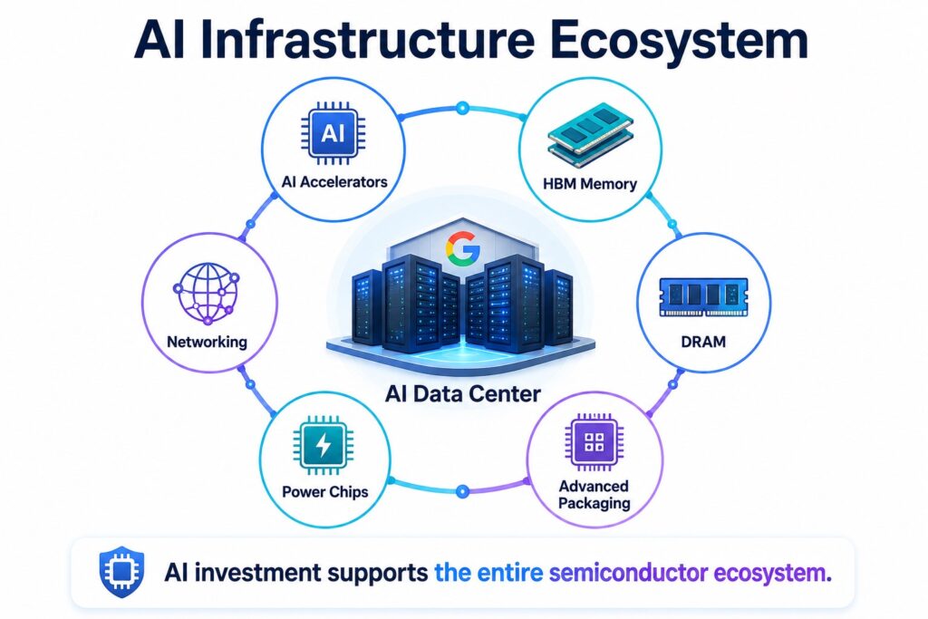 Google AI spending across the semiconductor supply chain including accelerators memory networking and packaging
