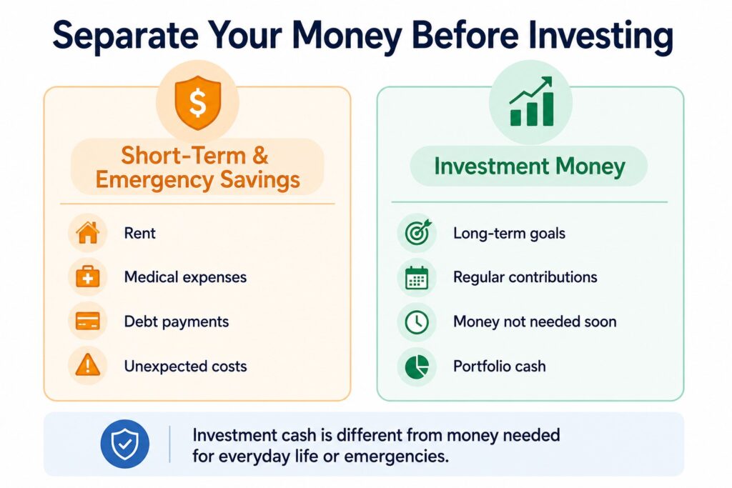 Comparison between short-term and emergency savings and long-term investment money for beginner investors