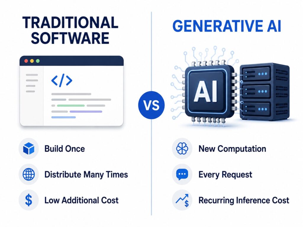 Comparison of traditional software and generative AI showing the difference in AI marginal cost