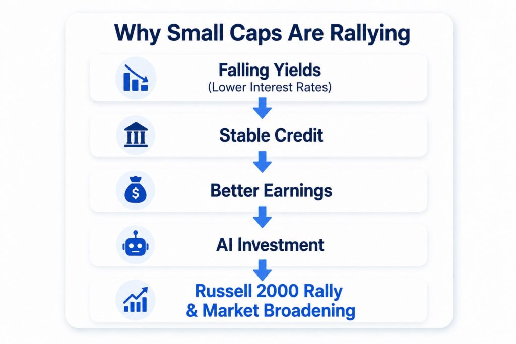 Key drivers behind the Russell 2000 rally including market broadening and AI investment
