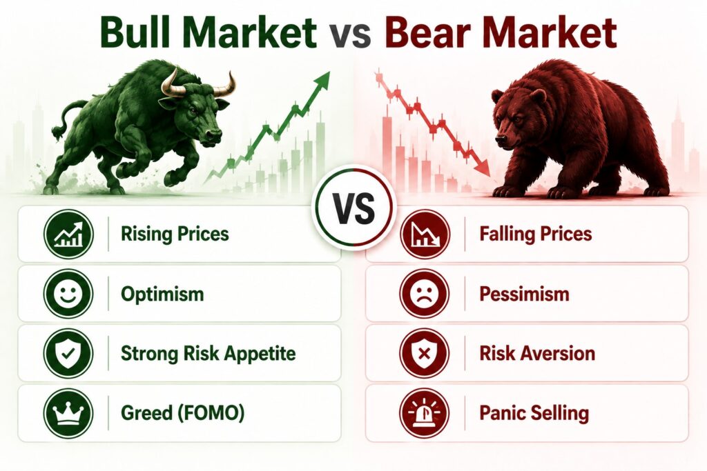 Bull and bear market comparison of price trends and investor sentiment