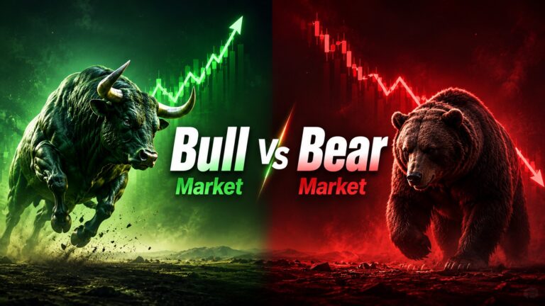 Bull vs Bear Market comparison showing rising and falling stock market trends