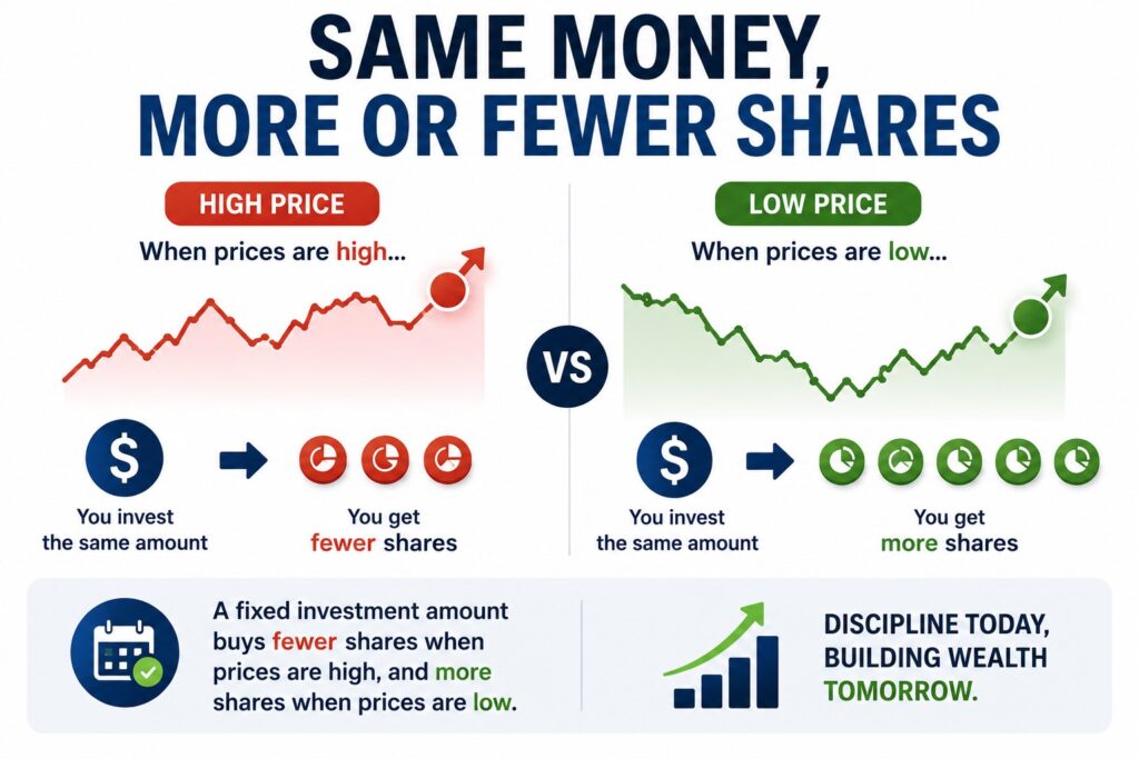 DCA concept showing the same investment amount buying more shares at lower prices