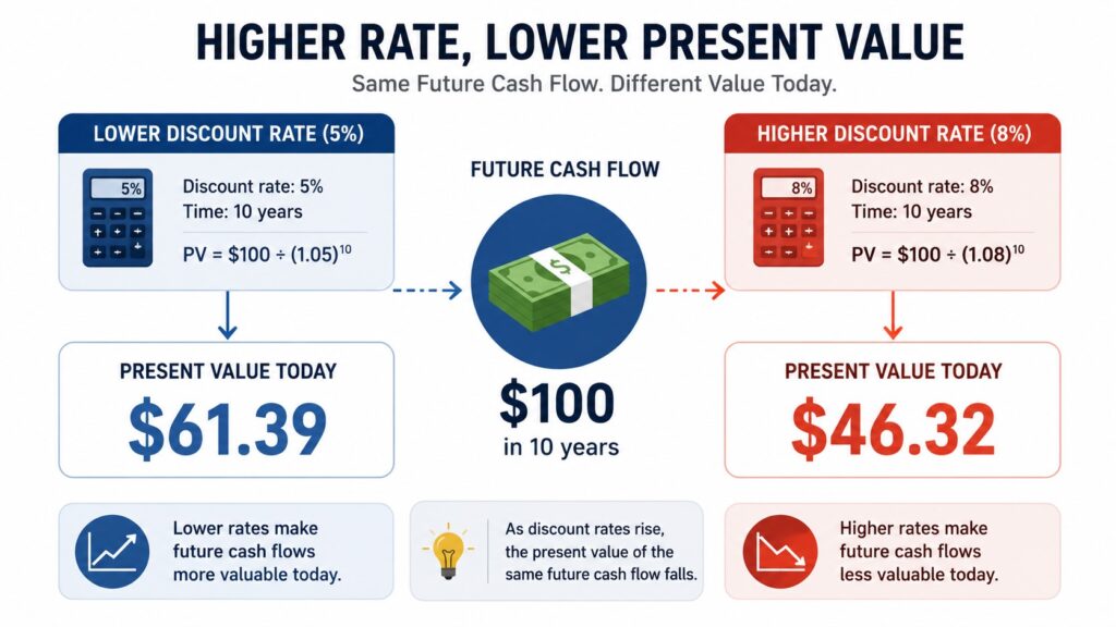 Higher discount rate reducing the present value of the same future cash flow