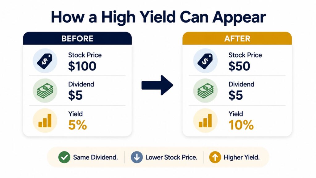 Dividend yield rising from 5 percent to 10 percent after a stock price decline