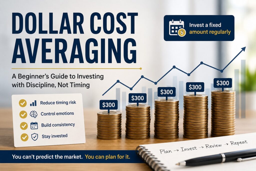 Dollar Cost Averaging illustration showing regular investments through changing stock market prices