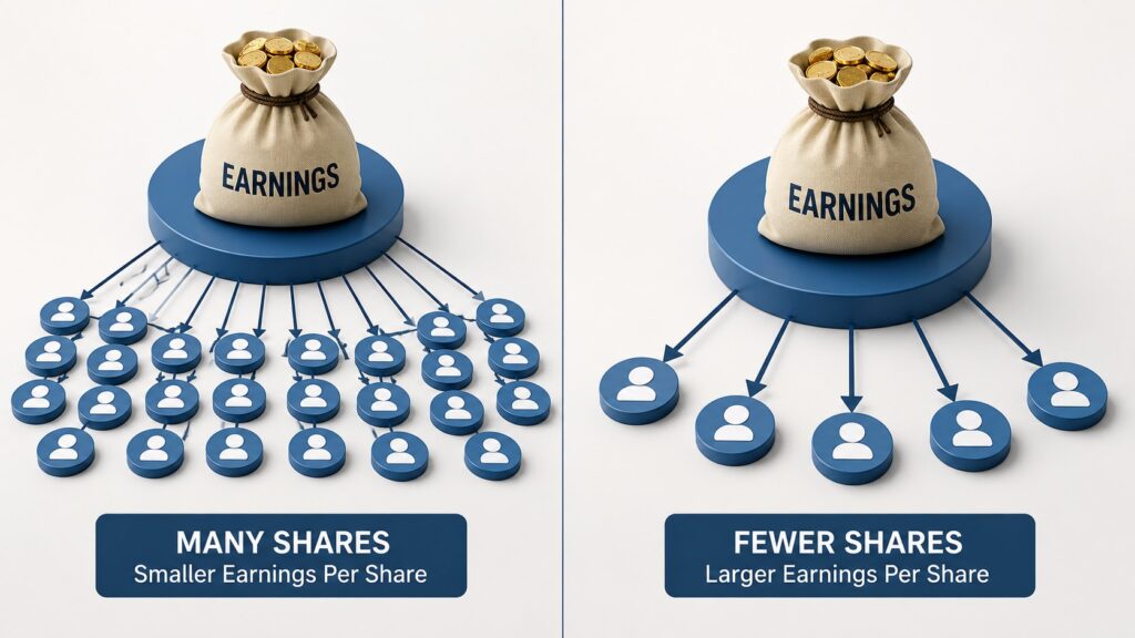 Earnings per share illustration showing the same earnings divided among many shares and fewer shares