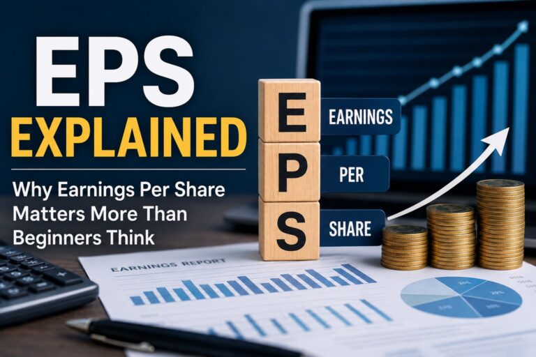 EPS Explained illustration with earnings, shares, and rising financial chart