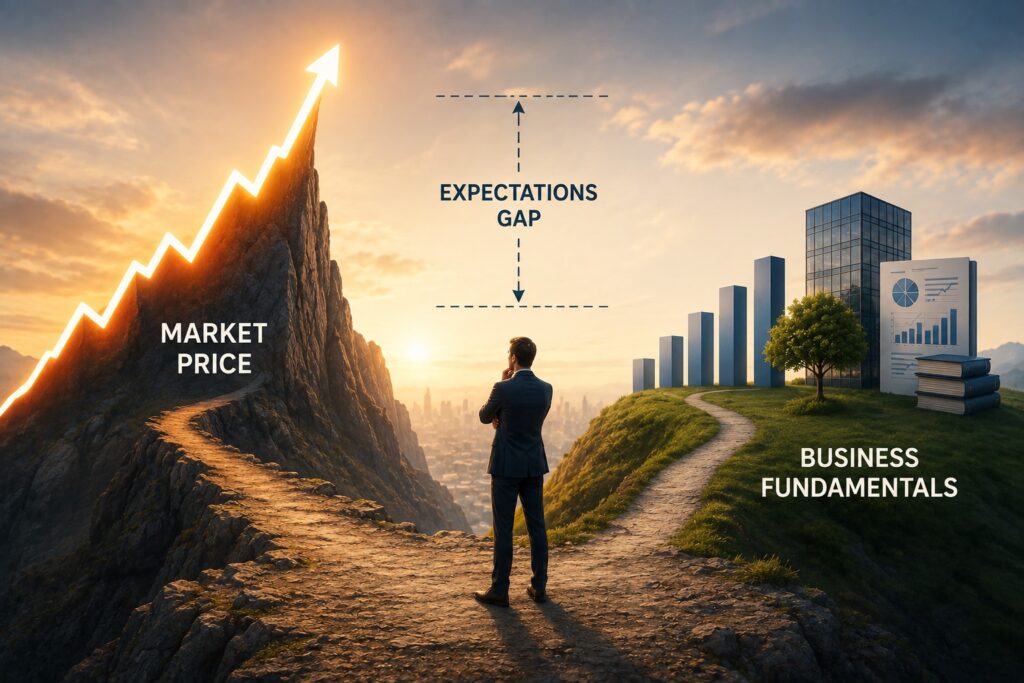 Investor evaluating an expensive stock price relative to underlying company fundamentals
