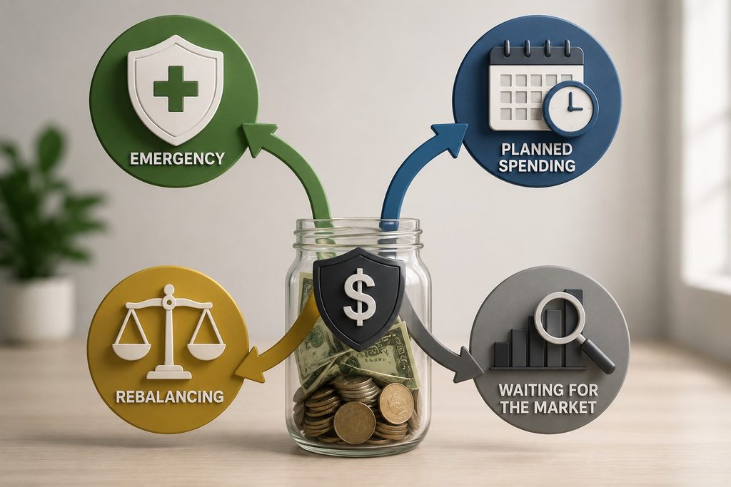 Four purposes for cash in an investment portfolio including emergencies, planned spending, rebalancing, and market timing
