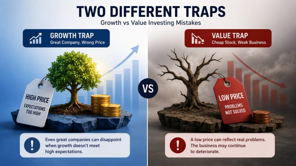 Growth stock valuation risk compared with a value trap caused by weakening fundamentals