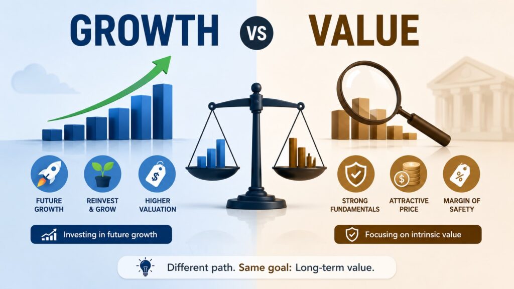 Growth vs Value Stocks comparison of future growth and value investing characteristics