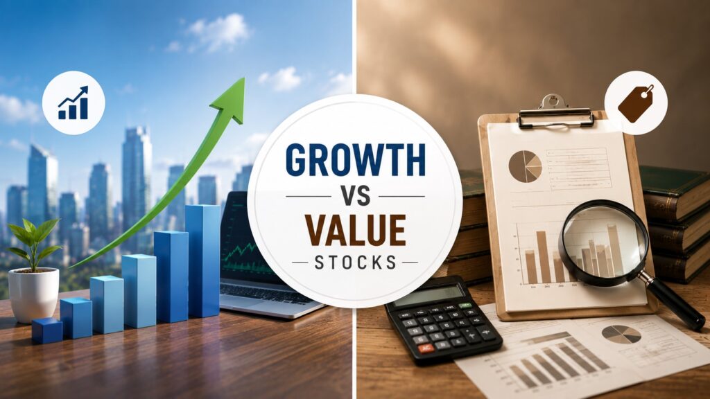 Growth vs Value Stocks comparison showing growth expectations and value investing metrics
