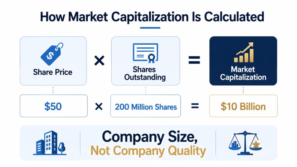 How market capitalization is calculated using share price and shares outstanding