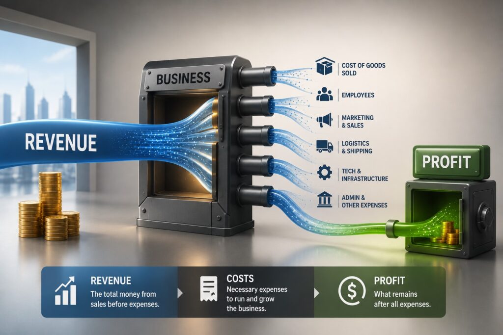 Business revenue flowing through operating costs before a smaller amount remains as profit